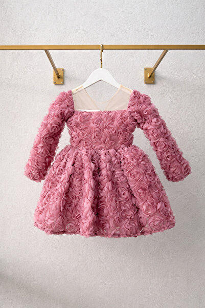 She Dress By Kubra Aksoy Kız Çocuk Gül Kurusu Çiçek Dokulu Uzun Kollu Abiye E...