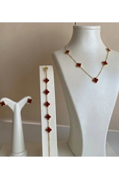 GUNESTAKI Gold Bordo Yonca Bileklik Kolye Küpe Seti 3lü Takim