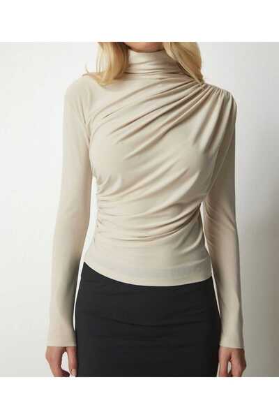 Xenthe Women's Sandy Fabric Mock Neck Cross Ruched Detail Stylish Blouse