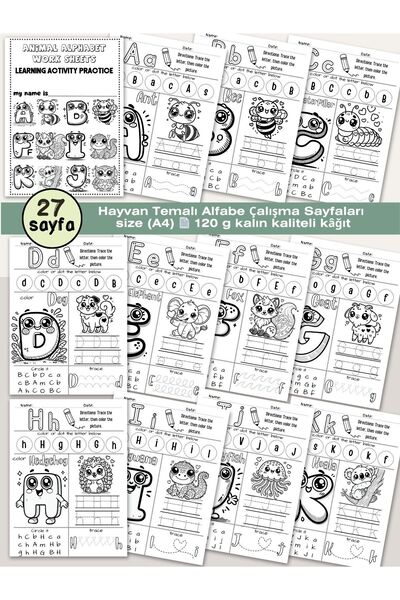 deniz9 Hayvan Temalı Alfabe Çalışma Sayfaları - Okul Öncesi Harf Boyama ve Ya...