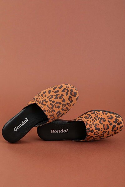 Gondol Women's Inside-Out Genuine Leather Stylish House Slippers Özl.960 Tan Leopard