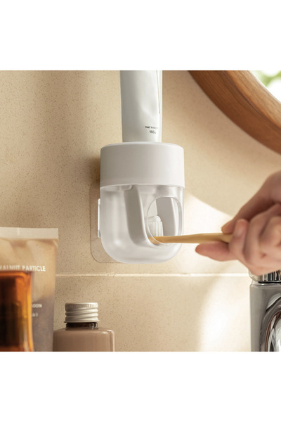 Arabest عبوة من قطعتين من موزع معجون الأسنان، مثبت على الحائط، للحمام، عصارة معجون أسنان أوتوماتيكية (أبيض وشفاف)