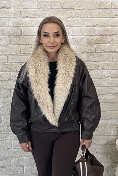 Muna Boutique Yakası Kürklü Acı Kahverengi Deri Kadın Mont Kadın Kaban