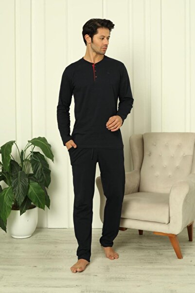 REN bumbac 100% bumbac moale Costum de pijama pentru bărbați cu guler rotund, mâneci lungi, cu buzunare pentru pantaloni