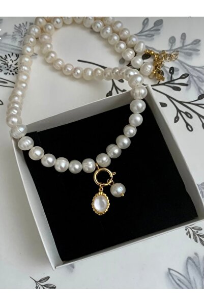 JOVİ ATELİER 50cm Doğal İnci Set Kolye Bileklik ve Küpe - Altın Takılabilir C...