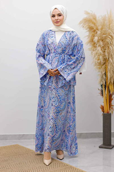Tesettür Dünyası Patterned Rope Tie Skirt Suit Tsd250259 Blue