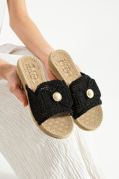 Moda Devrin Papuci negri, cu vârf deschis, cu împletitură din paie, pentru ex...