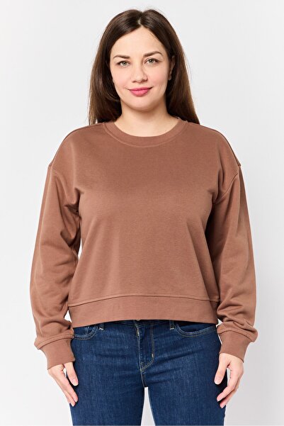 Kayfi Women Solid Long Sleeve Sweatshirt, Brown