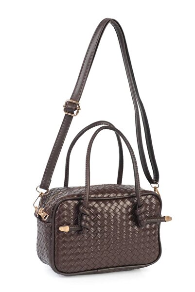 Melos Butik Women's Bitter Brown Knitted Patterned Leather Hand and Shoulder Bag