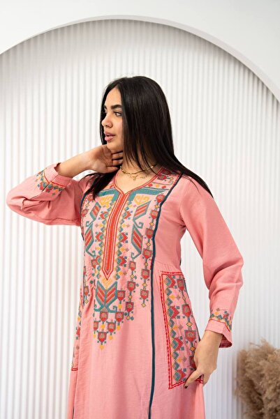 AFandina Linen jalabiya embroidered with luxurious traditional patterns SM-3