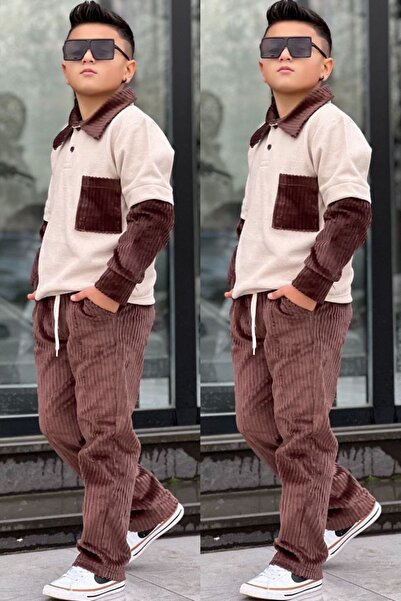 Aura 7 Collection طقم قميص ولادي بياقة وجيب مع بنطلون مخملي بني