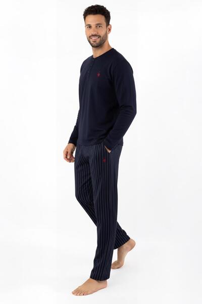 Polo Republica & CO Men's Long Sleeve Half Button Navy Blue Cotton Stretch Fabric Pajama Set Comfortable Fit Stretchy Fabric C8T0N05