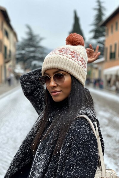 LAGRANZE Women's Alpine Style Patterned Pompom Beanie