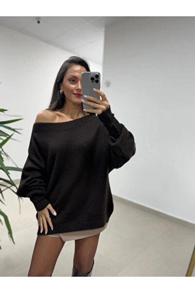 Mzr Collection Pulover de damă cu guler bărcuță, tricotat, maro închis