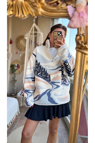 Mzr Collection KADIN DAĞ DESEN CEPLİ FERMUARLI SWEATSHİRT