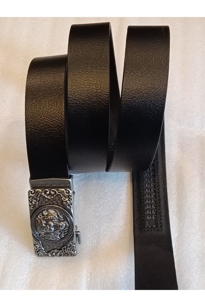 Butik Tülin حزام بإبزيم أوتوماتيكي من جلد العجل الأصلي باللون الأسود والفضي ل...