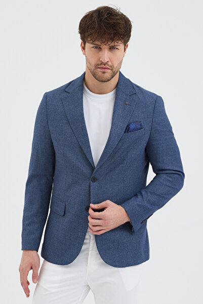 Frappoli Pladis Men's Light Navy Blue Polyviscon Fabric Slimfit Self-Tie Mono Collar Sports Blazer Jacket