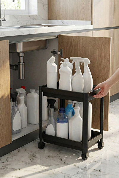 Poomy رف تنظيم متعدد الأغراض بعجلات من طبقتين - منظم تحت حوض المطبخ والحمام