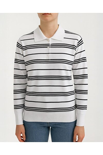 Aybikestil Triko Çizgili Polo Yaka Kazak Beyaz Siyah Çizgili