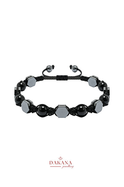 DAKANA JEWELLERY Sertifikalı Oniks ve Hematit Taşı 8 mm Erkek Makrome Doğal T...