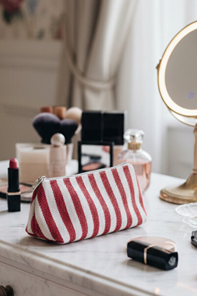 monangel Women's Zippered Canvas Striped Makeup Bag with Knitted Detail