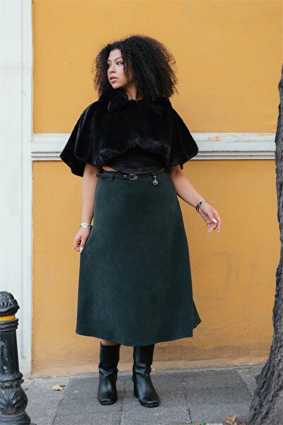 EXİTLİNE Kadın Zümrüt Yeşili Kışlık Kemerli Aksesurarlı Klasik Kadife Etek