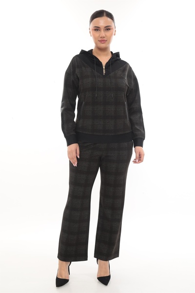 EXİTLİNE Women's Khaki Winter Accessory Stone Printed Leather Paneled Plaid Tracksuit Set