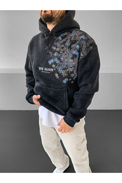 NO1 KONSEPT Antracit cu model spălat cu imprimeu Premium cu glugă Swea tricou