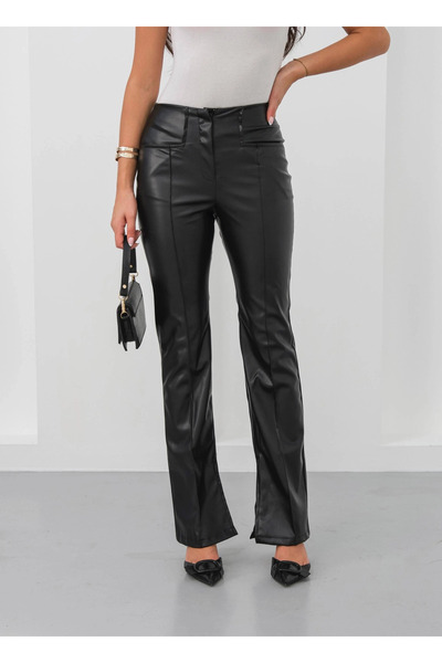 Zerenyus Spanish Y Slit Leg Leather Trousers Black