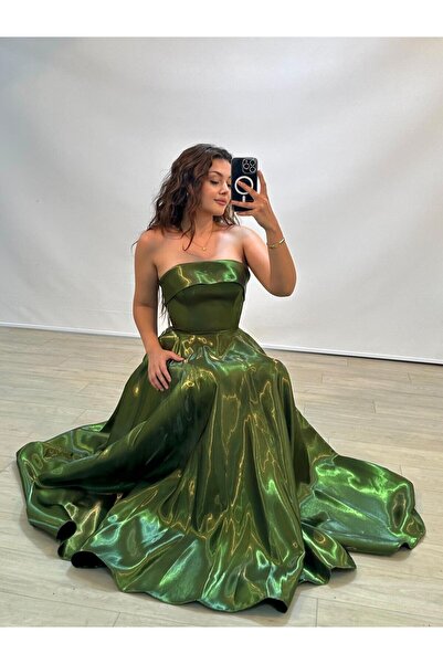 OLA Stella Hologram Saten Straplez Koyu Yeşil Renk Abiye Elbise