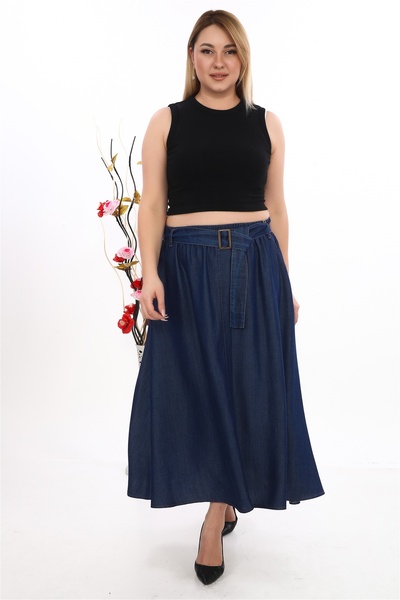 EXİTLİNE Kadın Lacivert Yazlık Kemerli Beli Lastikli Etek