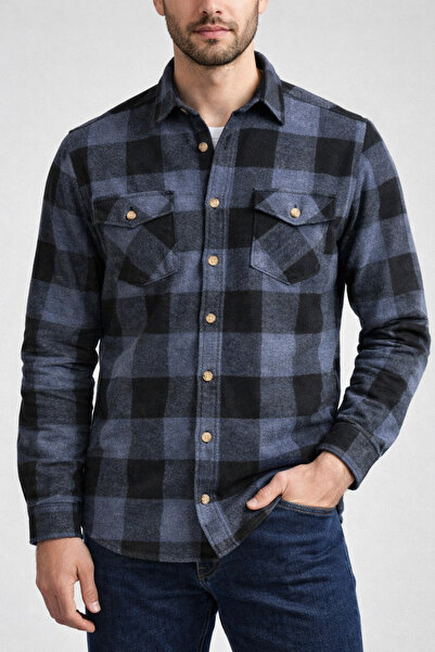 Le Marin Erkek Siyah Mavi Oduncu Gömlek Cepli Kalın Kumaş