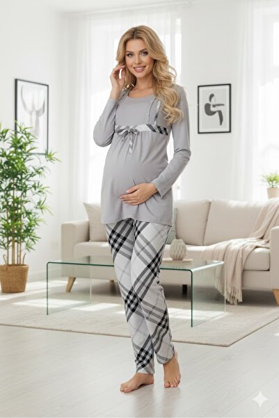 LOHOUSE Women's Plaid Patterned Maternity Pajama Set
