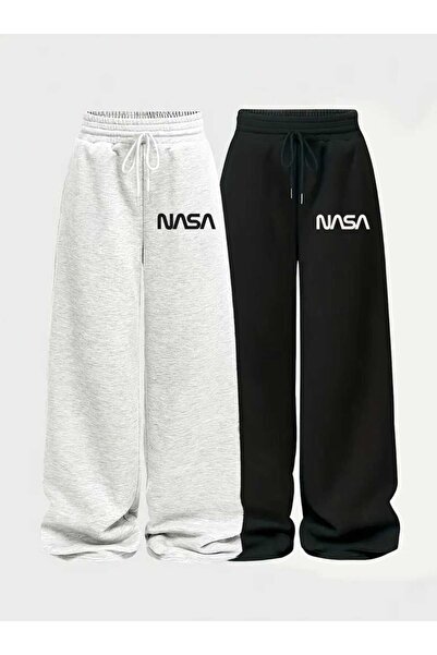 Le Vion Kadın NASA Baskı 2'Li Siyah + Gri Eşofman Altı Bol Paça Baggy Büyük B...