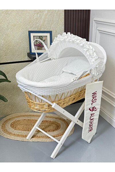 WASL ALKHAIR مهد مواليد سلة موسى خسف قماش لون أبيض بتصميم أنيق مع حامل قاعدة ...