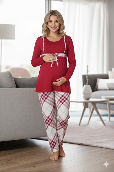 LOHOUSE Women's Plaid Patterned Maternity Pajama Set
