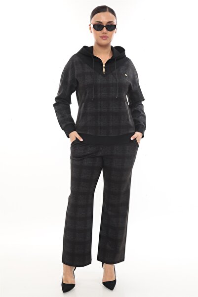 EXİTLİNE Women's Black Winter Accessory Stone Printed Leather Paneled Plaid Tracksuit Set