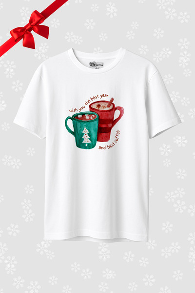 FANA Women's Relaxed Fit T-Shirt White Christmas Coffee Cup Colorful Printed Cotton Tshirt