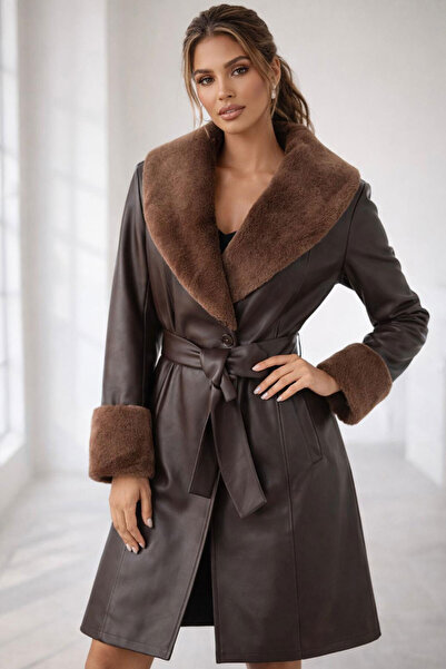 Bigdart 1045 Kürklü Suni Deri Kaban - Kahverengi