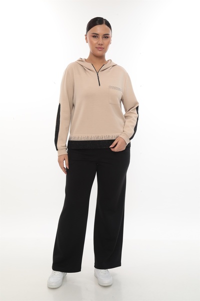 EXİTLİNE Kadın Bej Sezonluk Garnili Cepli Kapşonlu Taşlı Eşofman Takımı