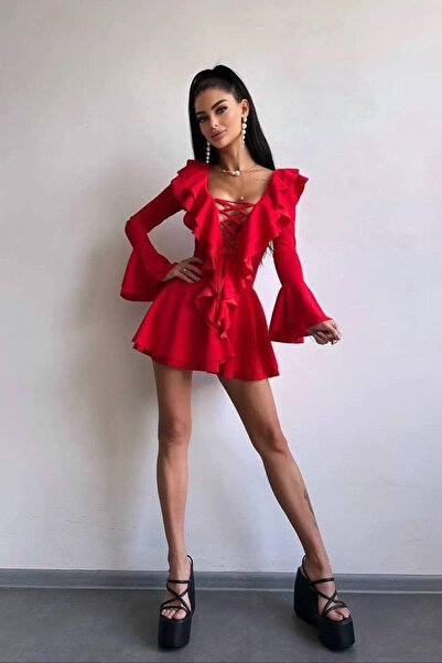 Melissa Pink Kadın Kırmızı Göğüs Bağlama Detaylı Volanlı Mini Elbise İspanyol Kol Davet Elbisesi