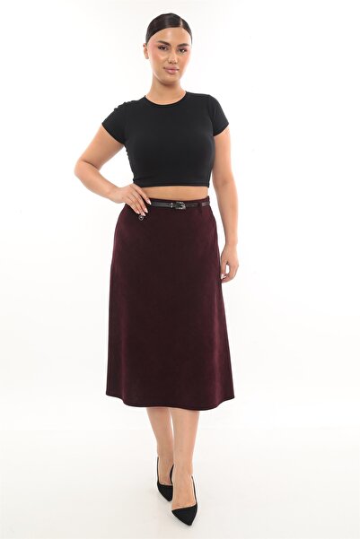 EXİTLİNE Kadın Kışlık Kemerli Aksesuarlı Klasik Kadife Bordo Etek