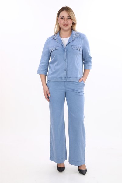 EXİTLİNE Women's Indigo Summer Jacket with Snap Fasteners and Stone Embroider...