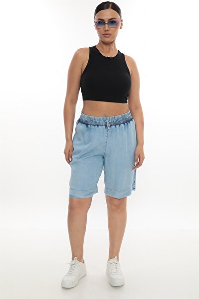 EXİTLİNE Kadın Lacivert Yazlık Beli Lastikli İpli Bermuda Şort