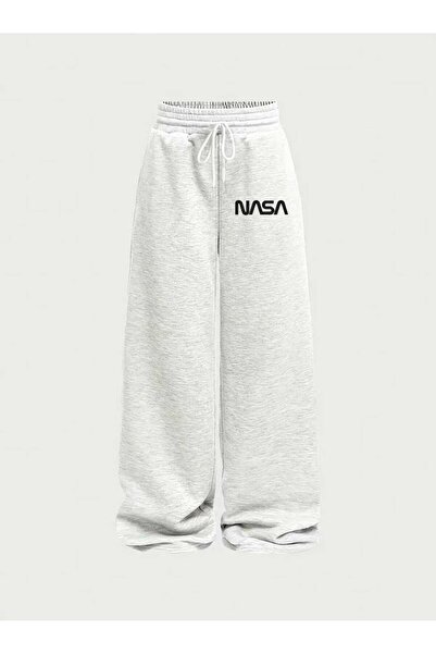 Le Vion Şardonlu Kışlık Kadın BASKILI Gri Eşofman Altı Bol Paça Baggy Büyük B...