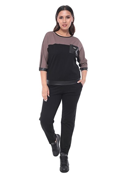 EXİTLİNE Kadın Siyah-Vizon Sezonluk Suni Deri Garnili Aksesuarlı Şeritli Eşof...