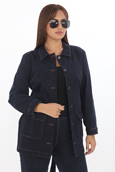 EXİTLİNE Kadın Lacivert Sezonluk Kuşaklı Düğmeli Denim Ceket