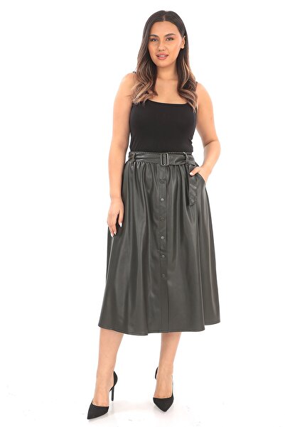 EXİTLİNE Kadın Haki Kışlık Kemerli Düğmeli Suni Deri Etek