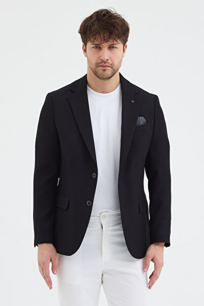 Frappoli Sorex Men's Black Polyviscon Fabric Slim Fit Self-Wiping Mono Collar Sports Blazer Jacket