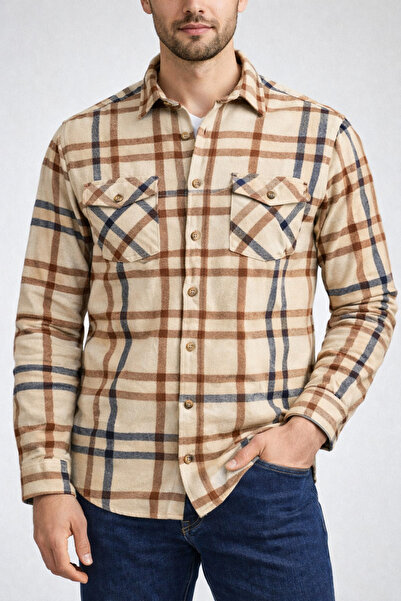 Le Marin Erkek Bej Kahve Oduncu Gömlek Klasik Kesim Cepli Kalın Kumaş